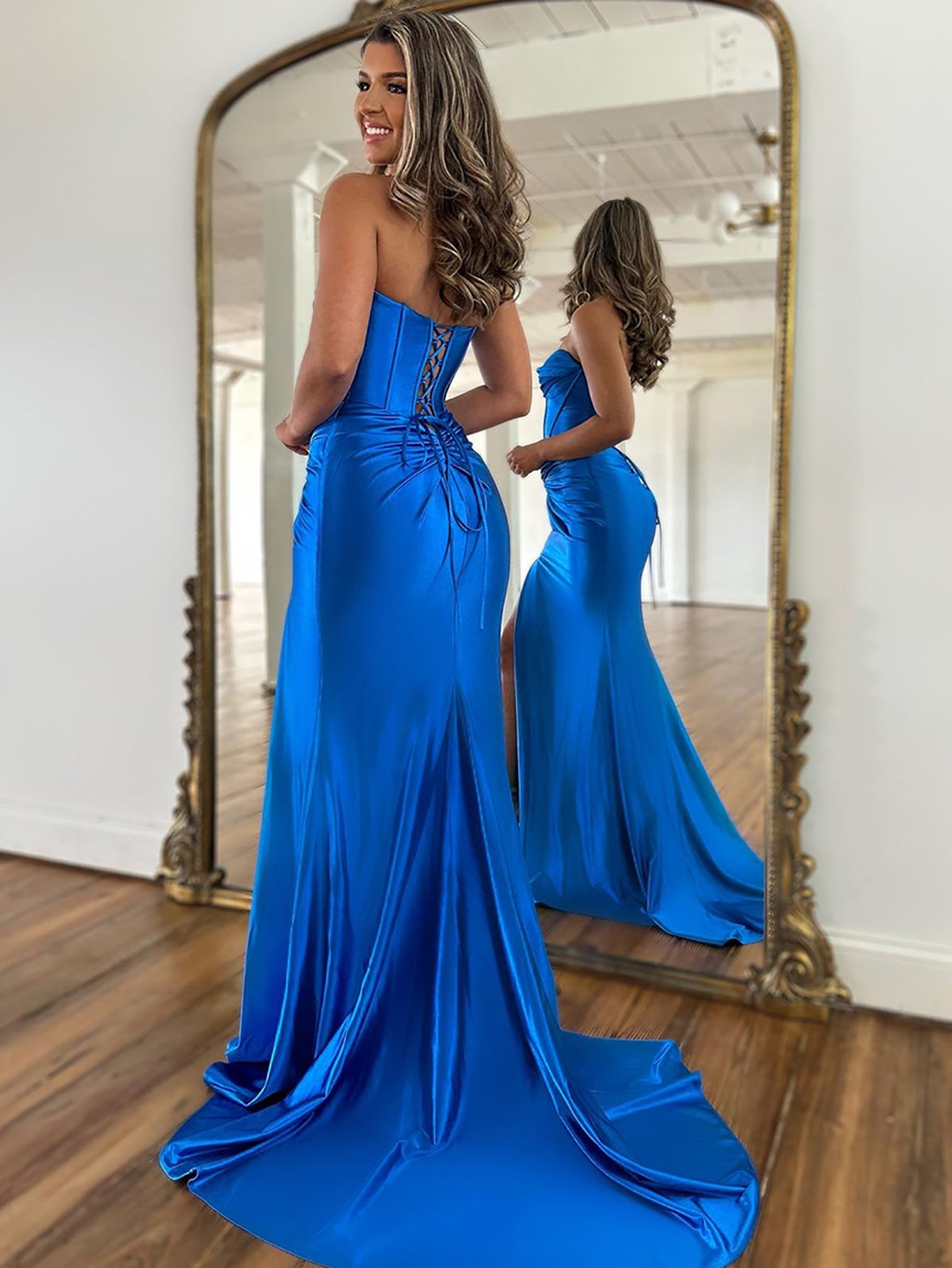 Draped Azure Blue Satin Open Back Mermaid Gown - Promfy
